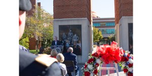 Western Kentucky University President Timothy Caboni speaks Monday at the wreath-laying ceremony beside Guthrie Tower.