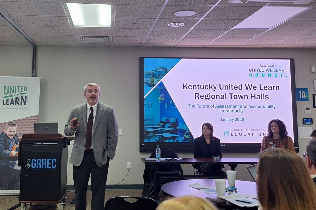 Kentucky Commissioner of Education Robbie Fletcher speaks to more than 60 attendees of a Jan. 21 town hall at the Green River Regional Educational Cooperative about Kentucky's under-development new framework for education accountability.