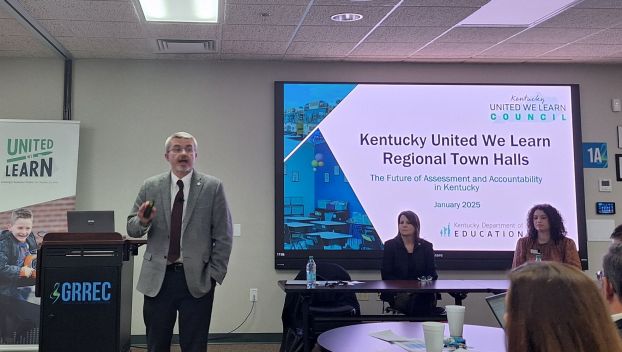 Kentucky Commissioner of Education Robbie Fletcher speaks to more than 60 attendees of a Jan. 21 town hall at the Green River Regional Educational Cooperative about Kentucky's under-development new framework for education accountability.