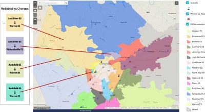 The proposed redistricting plan would impact the areas marked as "Redistricting Changes." (Original map by Warren County Public Schools. Changes marked by David Mamaril Horowitz at the Daily News, indicated by overlaying the current and proposed maps, with negligible adjustments to the turquoise region. To look up your address, go to https://wcpsbg.maps.arcgis.com/apps/webappviewer/index.html?id=9a8bcc4c151a4c25a03ffc45847050f4)