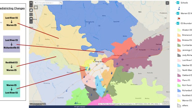 The proposed redistricting plan would impact the areas marked as "Redistricting Changes." (Original map by Warren County Public Schools. Changes marked by David Mamaril Horowitz at the Daily News, indicated by overlaying the current and proposed maps, with negligible adjustments to the turquoise region. To look up your address, go to https://wcpsbg.maps.arcgis.com/apps/webappviewer/index.html?id=9a8bcc4c151a4c25a03ffc45847050f4)