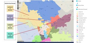 The proposed redistricting plan would impact the areas marked as "Redistricting Changes." (Original map by Warren County Public Schools. Changes marked by David Mamaril Horowitz at the Daily News, indicated by overlaying the current and proposed maps, with negligible adjustments to the turquoise region. To look up your address, go to https://wcpsbg.maps.arcgis.com/apps/webappviewer/index.html?id=9a8bcc4c151a4c25a03ffc45847050f4)