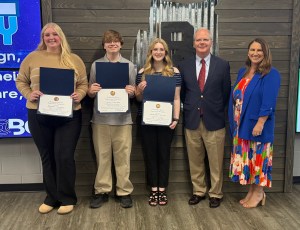 Barren County High School students Brooke Gibson, Cole Young and Emmaline Phelps were honored by Rep. Brett Guthrie for their first-place wins in the Congressional App Challenge in Kentucky’s Second District. (SUBMITTED)