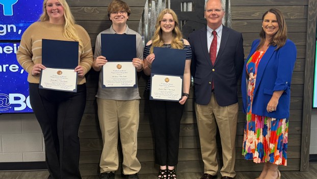 Barren County High School students Brooke Gibson, Cole Young and Emmaline Phelps were honored by Rep. Brett Guthrie for their first-place wins in the Congressional App Challenge in Kentucky’s Second District. (SUBMITTED)