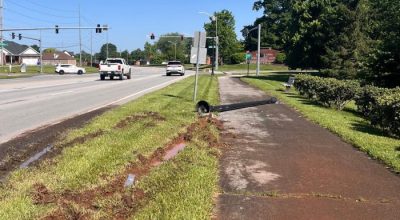 A light pole went down on the greenways trail along cemetery road. Vehicle tracks make it appear a vehicle struck it, noted Debi West, public information officer for the City of Bowling Green.