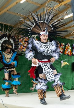 Members of the Danza Azteca Quetzalli dance group perform traditional Aztec dances during the biannual BG Fiestaval on Clay Street on Saturday, May 3, 2025. The weekend-long fiesta included traditional Latino and Hispanic dances and music, authentic food from multiple vendors, piñatas, karaoke, contests, games and more.
GRACE MCDOWELL / DAILY NEWS