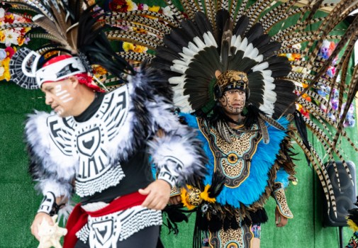 Members of the Danza Azteca Quetzalli dance group perform traditional Aztec dances during the biannual BG Fiestaval on Clay Street on Saturday, May 3, 2025. The weekend-long fiesta included traditional Latino and Hispanic dances and music, authentic food from multiple vendors, piñatas, karaoke, contests, games and more.
GRACE MCDOWELL / DAILY NEWS