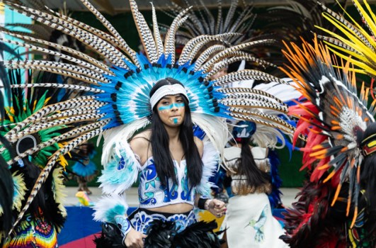 Members of the Danza Azteca Quetzalli dance group perform traditional Aztec dances during the biannual BG Fiestaval on Clay Street on Saturday, May 3, 2025. The weekend-long fiesta included traditional Latino and Hispanic dances and music, authentic food from multiple vendors, piñatas, karaoke, contests, games and more.
GRACE MCDOWELL / DAILY NEWS
