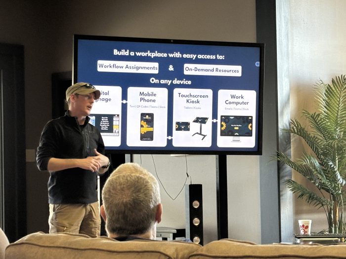 Photograph of Jeremy Jacobs presenting about his startup, UnDesked, on Aug. 20 at a lunch-and-learn hosted by the WKU Innovation Campus and the region nonprofit CREATE — a chance for community members to meet three entrepreneurs and ask about starting a company.